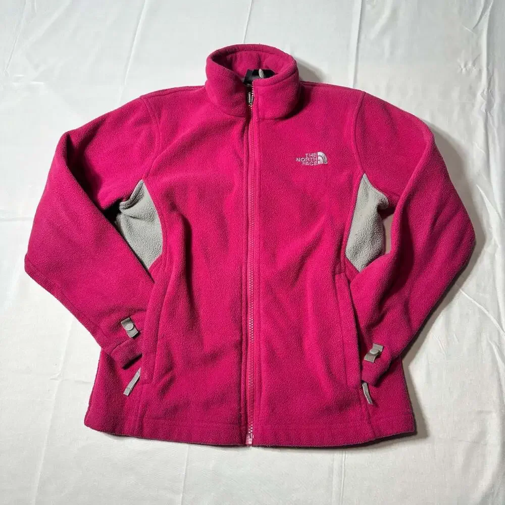 The North Face Girls M 10/12 Pink Gray Full Zip Fleece Jacket Thumbholes